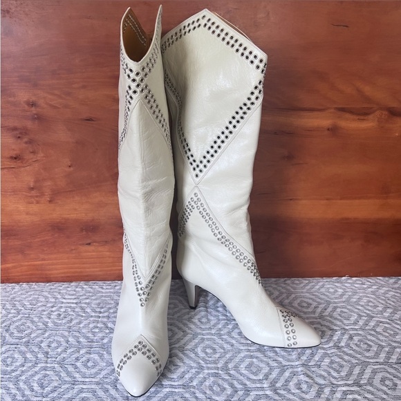 ISABEL MARANT “Lahia” White Eyelet Leather Calf High Heeled Boots Size 7 - Picture 6 of 11